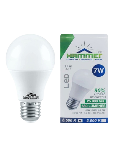 BULBO LED ECONOMY - 7W - E27 - 65K - 85/265 VOLTS - C.R.I 80 - 630 LUMENES - 25.000 HORAS VIDA - A60 (E)