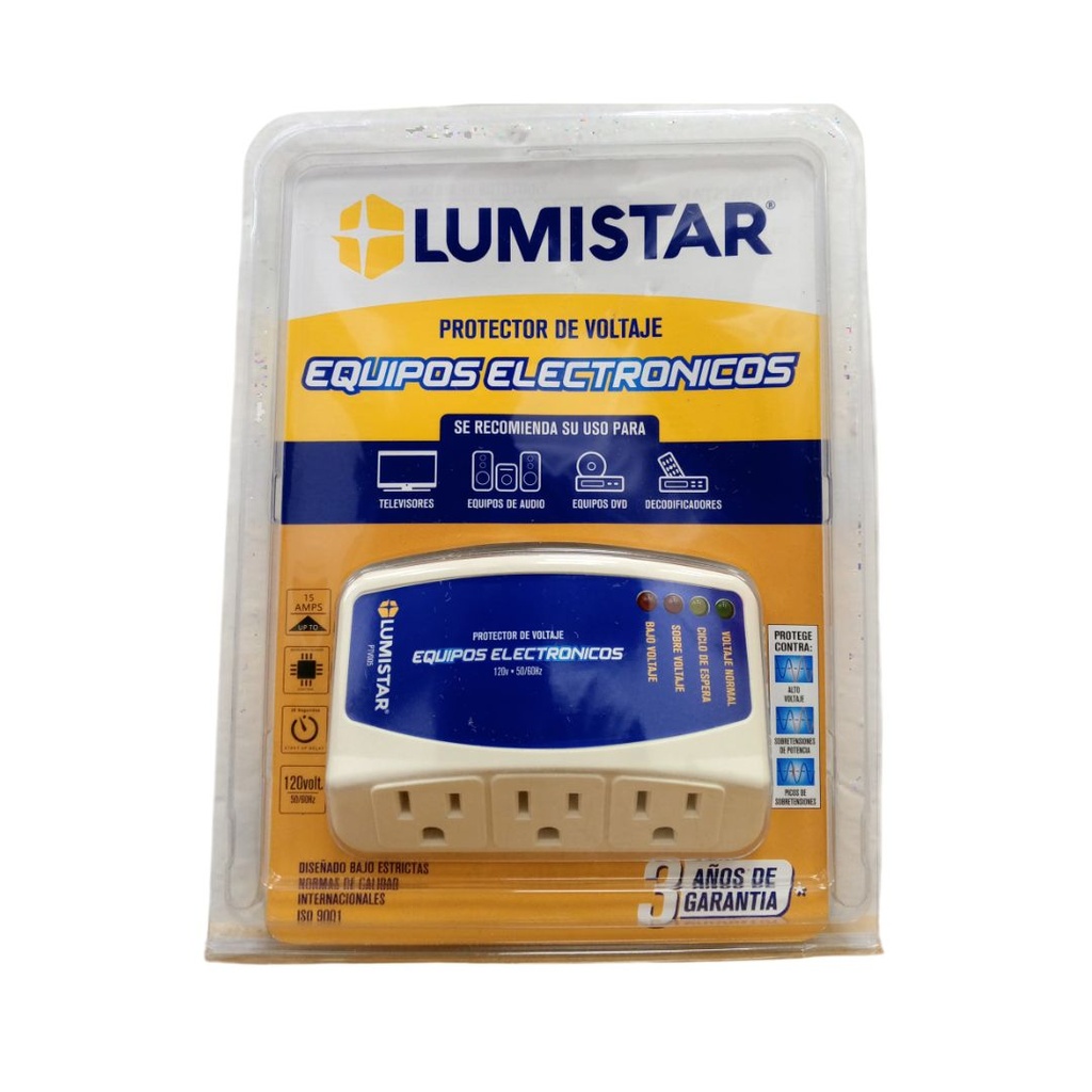 LUMISTAR PROTECTOR DE VOLTAJE EQUIPOS ELECTRONICOS 120V 15AMP(AUDIO, VIDEO Y TV) 3 AÑOS DE GARANTIA
