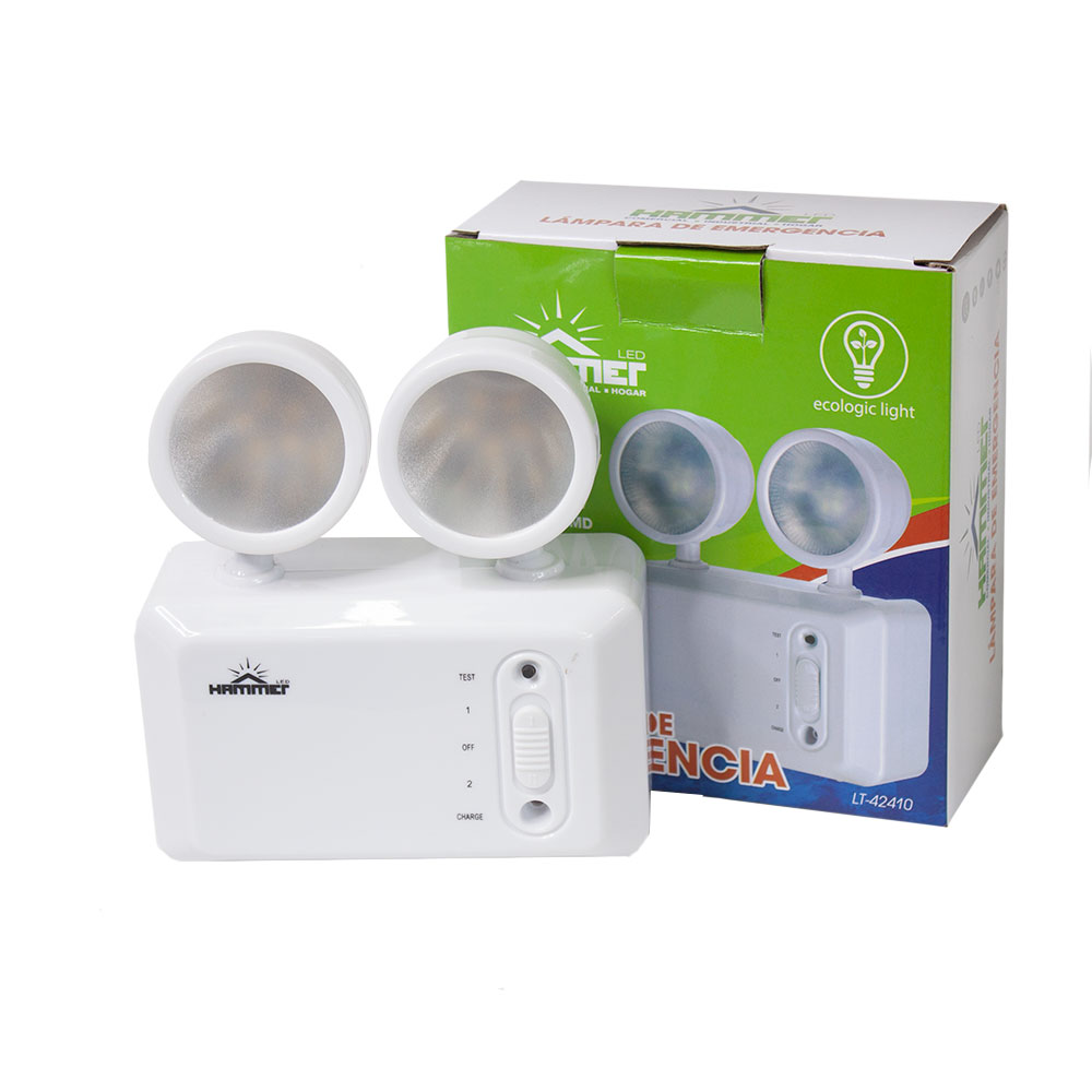 LAMPARA DE EMERGENCIA TWO CIRCLE / 8W / 3200K / 2 FOCOS / BOTON DE PRUEBA / PVC IGNIFUGO / SWITCH 2 INTENSIDADES / TIEMPO USO 3-4HRS / BATERIA LITIO / 100-240V