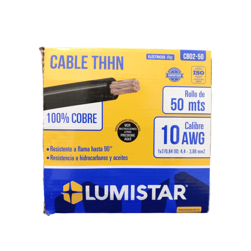 [CB02B-50M] LUMISTAR CABLE THHN 10AWG 1*7/0,84 AD: 4,4-3,88 mm2 50MTS BLANCO