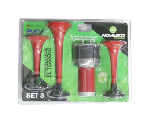 JUEGO DE CLAXON AIRE TIPO TROMPETA ROJO 3 UN + MODULO 24V
