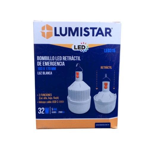 [LED315] LUMISTAR BOMBILLO LED RETRACTIL DE EMERGENCIA 32W 5 VOLT 4-6 HRS 6500K